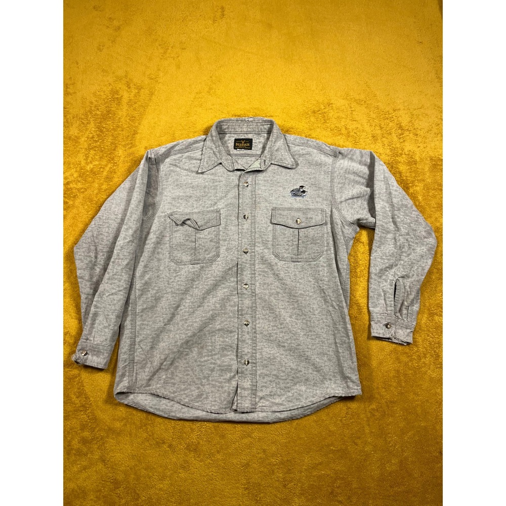 Vintage DEERSKIN Mens Gray Long Sleeve Button‎ Up Shirt Embroidered Duck Fishing